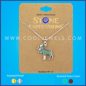 LINK CHAIN NECKLACE WITH CRUSHED STONE MOOSE PENDANT ASSORTED - CARDED