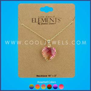 CHAIN NECKLACE WITH FACETED HEART PENDANT ASSORTED COLORS - CARDED