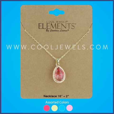 CHAIN NECKLACE  WITH FRAMED FLORAL TEARDROP PENDANT ASSORTED - CARDED