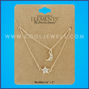 (SET OF 2) GOLD CHAIN NECKLACE WITH RHINESTONE MOON & STAR PENDANTS CARDED