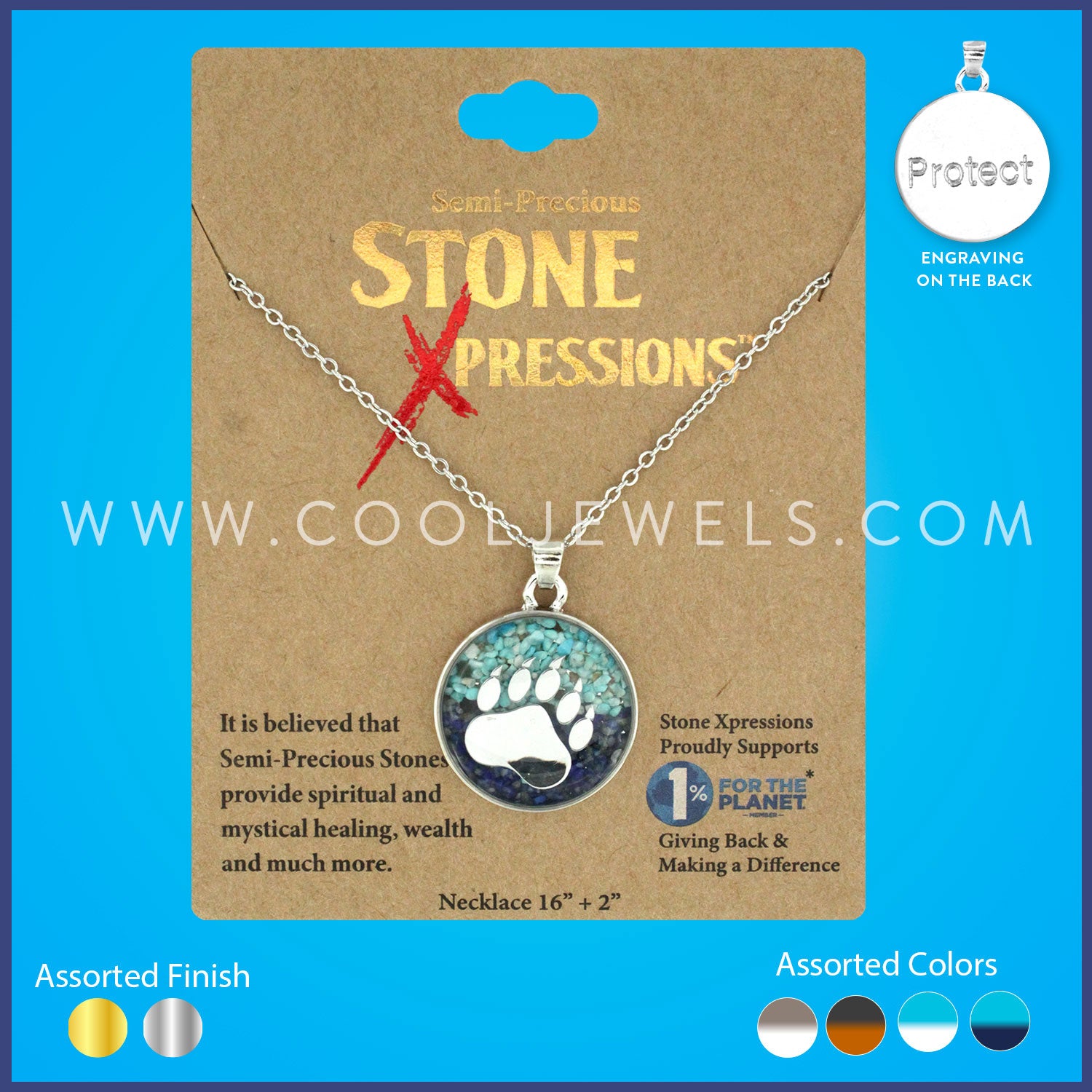 LINK CHAIN NECKLACE WITH CRUSHED STONE & BEAR PAW ASSORTED - CARDED